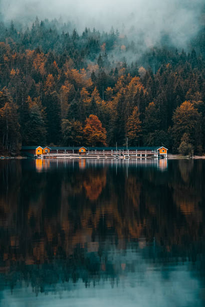 istock Boat house on the Eibsee on a rainy day 1454141193