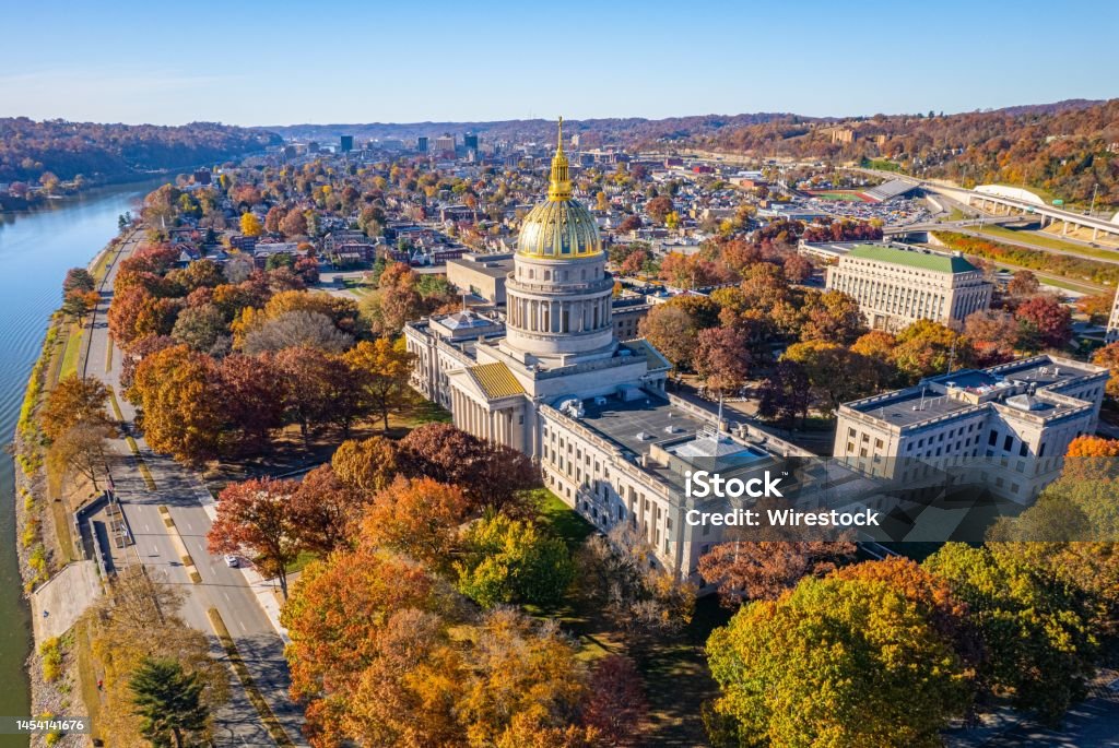 Aerial view of the West Virginia State Capitol Building and downtown Charleston with fall foliage An aerial view of the West Virginia State Capitol Building and downtown Charleston with fall foliage West Virginia - US State Stock Photo