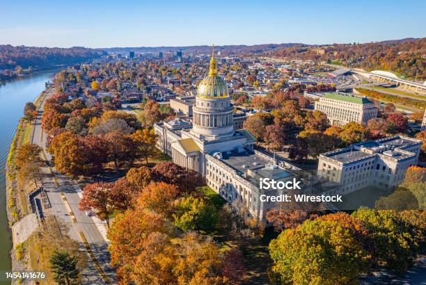 Aerial View Of The West Virginia State Capitol Building And Downtown Charleston With Fall Foliage Stock Photo - Download Image Now