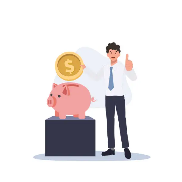 Vector illustration of Earning, saving and investing money concept. A man is holding a huge golden dollar coin near piggy bank and doing thumb up. Flat vector cartoon character illustration