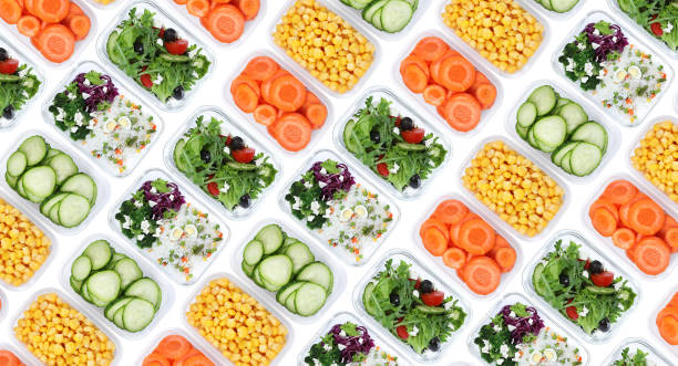 istock Many containers with different tasty food on white background, top view. Collage 1454145743