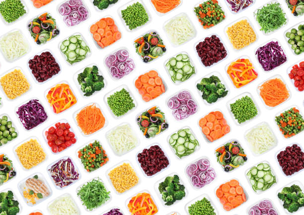 Many containers with different fresh vegetables on white background, top view. Collage