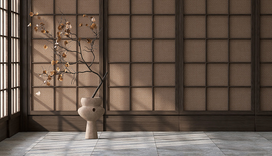 Empty room, clay pot with tree on granite floor in sunlight from window on traditional Japanese lattice frame wall with brown fabric sheet for luxury, Chinese, Asian style product display backdrop