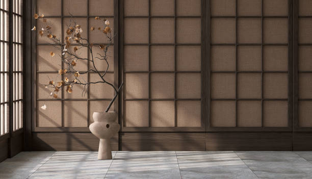 Empty room, clay pot with tree on granite floor in sunlight from window on traditional Japanese lattice frame wall with brown fabric sheet Empty room, clay pot with tree on granite floor in sunlight from window on traditional Japanese lattice frame wall with brown fabric sheet for luxury, Chinese, Asian style product display backdrop vehicle accessory stock pictures, royalty-free photos & images