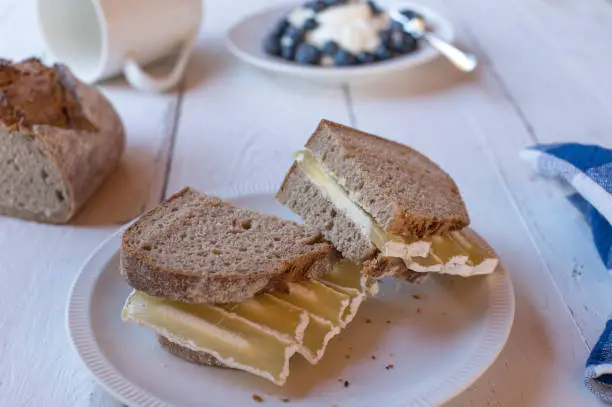 Healthy breakfast sandwich for healthy eating, dieting or fitness with sourdough bread and quark cheese or harzer cheese. Served with blueberry yogurt on white table. Closeup, front view with blurred background