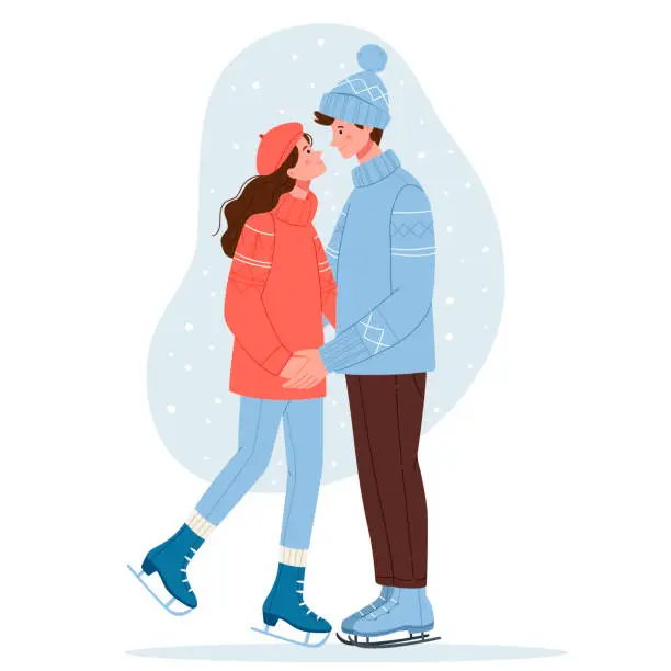 Vector illustration of A couple in love in winter clothes are skating.Simple Hand drawn illustration.