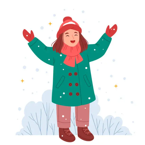 Vector illustration of A cute girl in warm winter clothes is catching snow. Simple Hand drawn illustration.