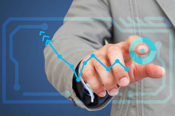 istock Man hand touching virtual screen to business graph corporate future growth plan. 1454148659