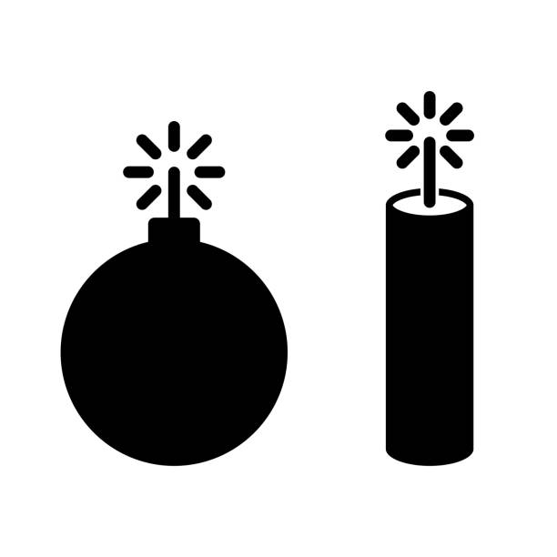 Dynamite stick and bomb icons. Explosives isolated icon. Black sign. Dynamite stick and bomb icons. Explosives isolated icon. Black sign. Vector illustration. detonator stock illustrations