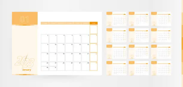 Vector illustration of Horizontal planner for the year 2023 in the orange color scheme. The week begins on Monday. A wall calendar in a minimalist style.