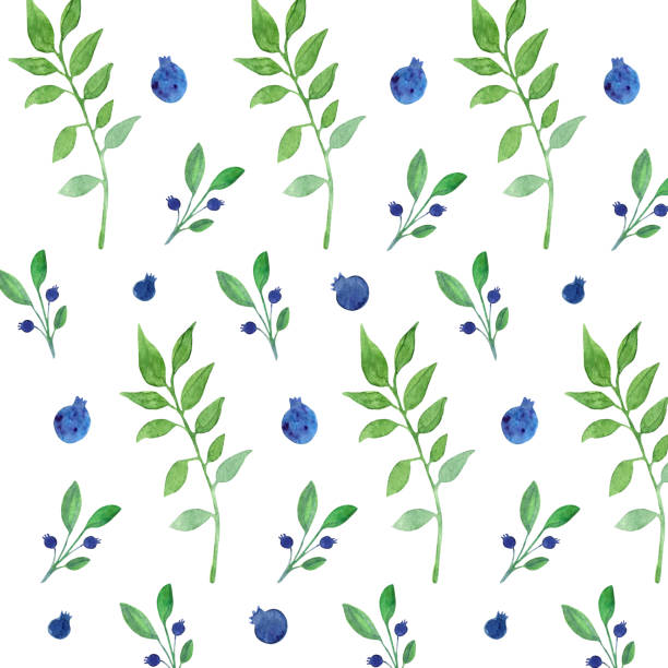 Watercolor seamless hand drawn floral pattern with abstract blue berries and green leaves Watercolor seamless hand drawn botanical pattern with abstract blue berries and green leaves blueberry autumn bush northblue blueberry stock illustrations