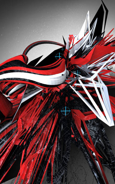 A vertical 3D rendering of red, white, and black abstract form with sharp ends - background concept