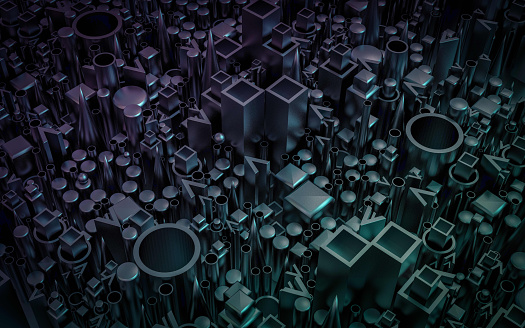 A 3D rendering of small geometrical forms chaotically placed on a greybackground