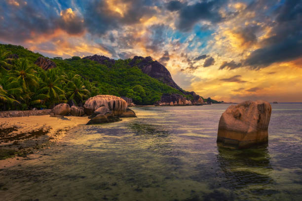 istock Colorful sunset over Anse Source D'argent beach at La Digue Island, Seychelles 1454151936