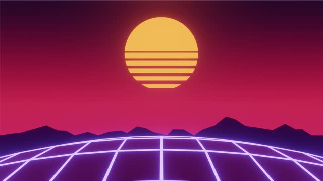Looping 1980s Synthwave Style Moving Landscape with Stylized Sunset Background Stock Animation Video