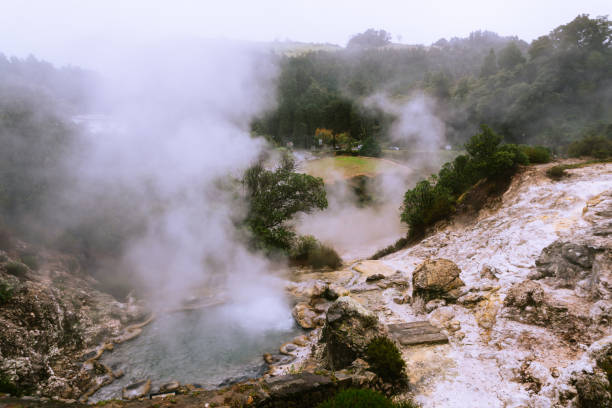 Steaming fumaroles, active geysers in Furnas town, Azores, Sao Miguel Island, Portugal stock photo