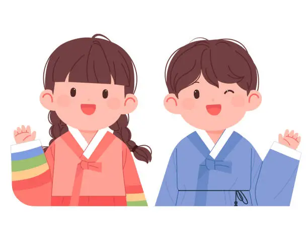 Vector illustration of Cute boy and girl couple wearing Hanbok, Korean traditional costume.