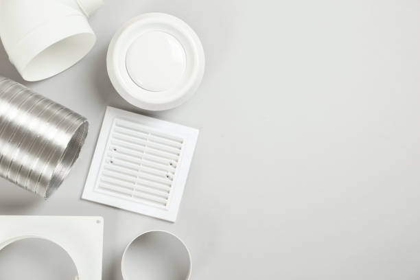 istock Parts of home ventilation system on light grey background, flat lay. Space for text 1454156057