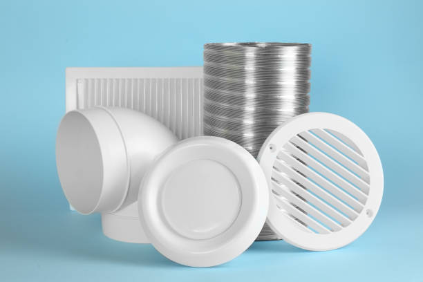 istock Parts of home ventilation system on light blue background 1454156199