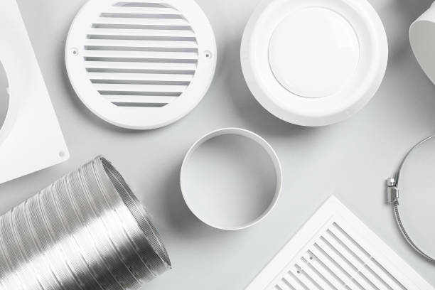 istock Parts of home ventilation system on light grey background, flat lay 1454156251