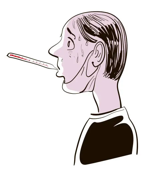 Vector illustration of Masked woman has thermometer in her mouth