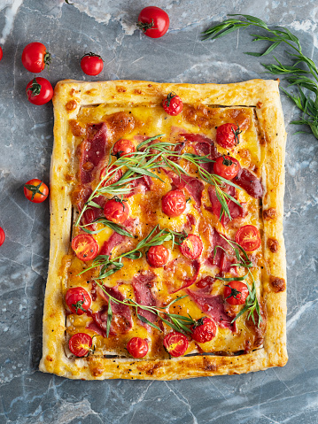 Tomato Quiche, Cherry Tomato, Savory Pie, Puff Pastry, Appetizer, Meat, Ham, Food and drink, Pizza, Flatbread, Pizza Margherita, Slice of Food, Pastry Dough, Bakery, Baking, Cake,	Pastrami, Cheese