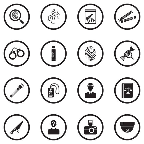 Crime Investigation Icons. Black Flat Design In Circle. Vector Illustration. Law, Police, Crime police interview stock illustrations