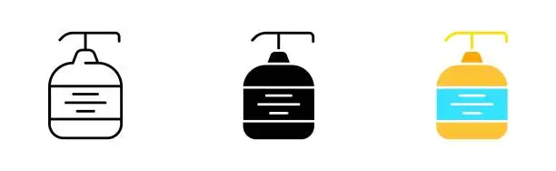 Vector illustration of Dispenser line icon. Liquid soap, sanitizer, antiseptic, wash hands, personal hygiene, quarantine, coronavirus, distancing. Vector icon in line, black and colorful style on white background