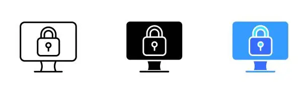 Vector illustration of Monitor with lock line icon. Private information, personal data, protection, password, twofactor authentication. Defense concept. Vector icon in line, black and colorful style on white background