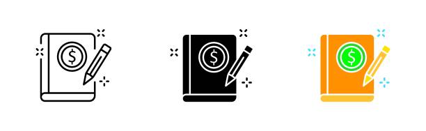 ilustrações de stock, clip art, desenhos animados e ícones de book with coin set icon. money, cash, transfer, cent, transaction, arrows, beg, receive, salary, income, spending, tax vector icon in line, black and colorful style on white background - compass key globe earth
