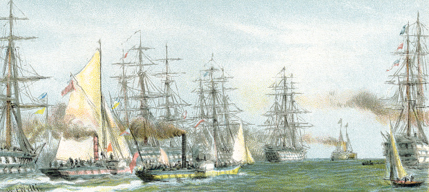 Steamships, sailboats, clippers together on ocean. Military ships British Navy