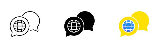 Speech bubble with globe line icon. Translate site into your language, show original, select language, polyglot. Versionist concept. Vector icon in line, black and colorful style on white background Speech bubble with globe line icon. Translate site into your language, show original, select language, polyglot. Versionist concept. Vector icon in line, black and colorful style on white background bilingual stock illustrations