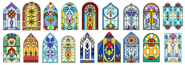 płaskie kolorowe witraże zabytkowych budynków kościelnych - stained glass window church chapel stock illustrations