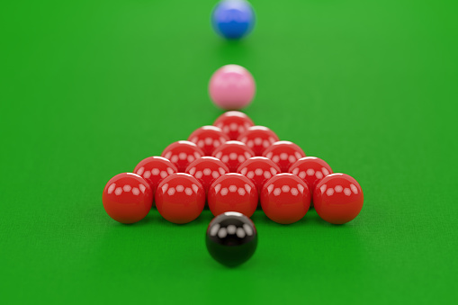 Pool balls over green pool table. Front view. Horizontal composition with copy space. Snooker concept.