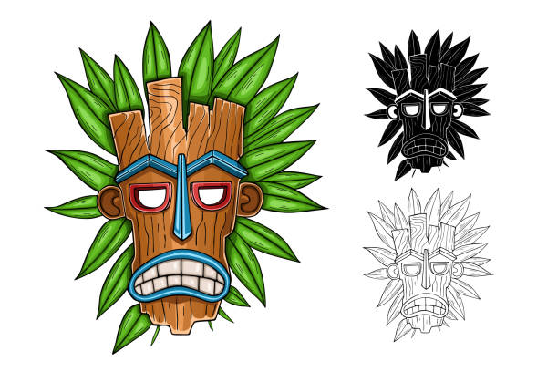 ilustraciones, imágenes clip art, dibujos animados e iconos de stock de dibujos animados coloridos tiki tribal máscara de madera con hojas - tribal music