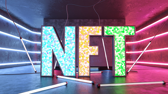 Neon NFT Non-Fungible Token Text Cyberspace Futuristic Background. 3D Render