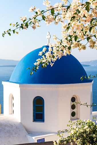 A Santorini blue domed church as seen behind Bougainvillea blossoms