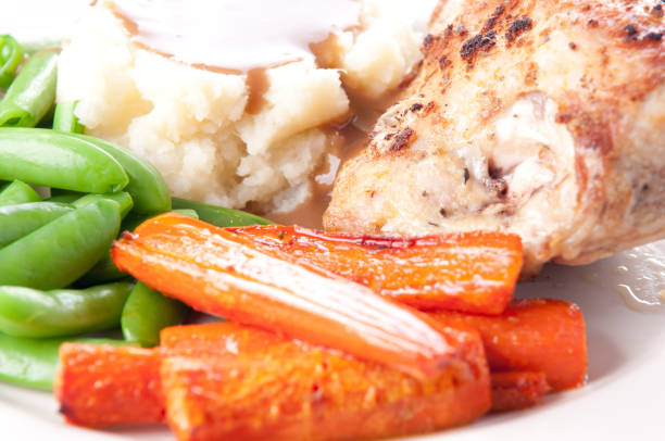 istock roasted chicken breast with mashed potatoes, gravy and fresh veg 1454167319