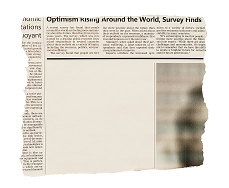 Simulated newspaper clipping, with blank space for copy, featuring good-news business themes. Text is based on lists of ideas generated by AI but comprehensively rewritten into dummy news articles by the photographer, who also did the design and took the photograph in the layout, so this image is free of third-party copyright.