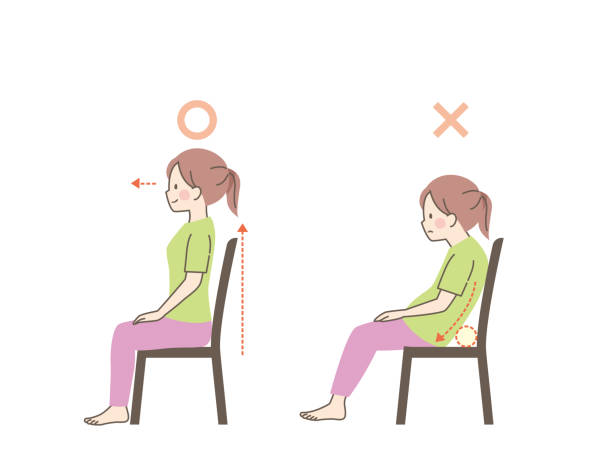 illustrations, cliparts, dessins animés et icônes de comparaison de la bonne et de la mauvaise posture d’une femme assise sur une chaise - torso physical therapy patient relaxation exercise