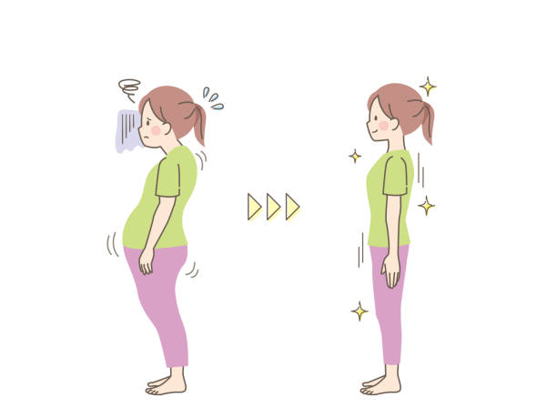 젊은 여성의 올바른 자세와 나쁜 자세의 비교 - torso physical therapy patient relaxation exercise stock illustrations