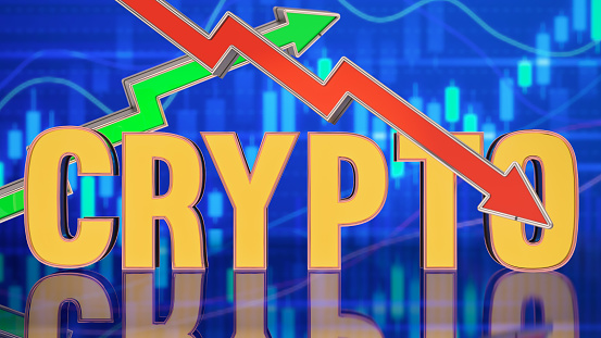 Crpyto Trade Up and Down Concept with Arrows and Financial Chart as a Background. 3D Render