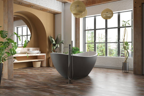 istock Boho Style Cozy Bathroom with a Bath Tub Plants and a Garden View 1454168213