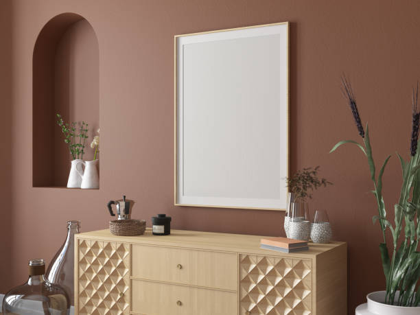 istock Empty Mock Up Picture Frame on Living Room's Beige Wall 1454168238