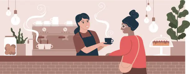 Vector illustration of People in coffeehouse. Barista and customer in trendy cafe