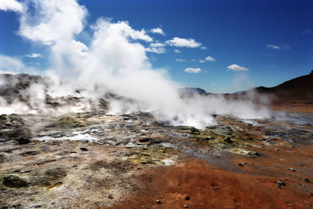 Geothermal fields at Hverir, in Iceland, near Myvatn Lake, with fumaroles releasing gases from volcanic activity