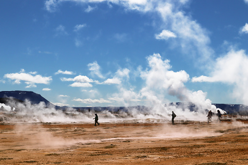 Geothermal fields at Hverir, in Iceland, near Myvatn Lake, with fumaroles releasing gases from volcanic activity