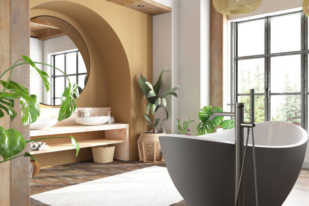 istock Boho Style Cozy Bathroom with a Bath Tub Plants and a Garden View 1454170062