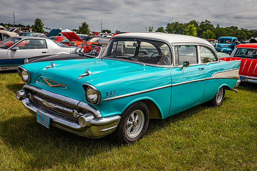 Iola, WI - July 07, 2022: High perspective front corner view of a 1957 Chevrolet BelAir 2 Door Hardtop at a local car show.
