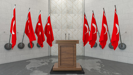 Republic of Turkey Press Conferance Concept Turkish Flag in a Row with a Empty Wooden Wall. 3D Render